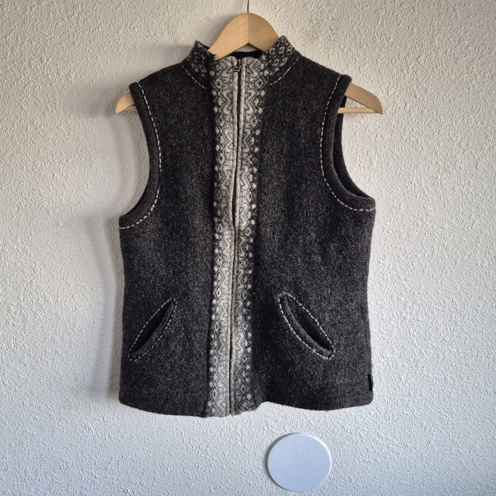 Woolrich Vintage Fair Isle Lambs Wool Zip Vest in Onyx Heather Womens Size XL